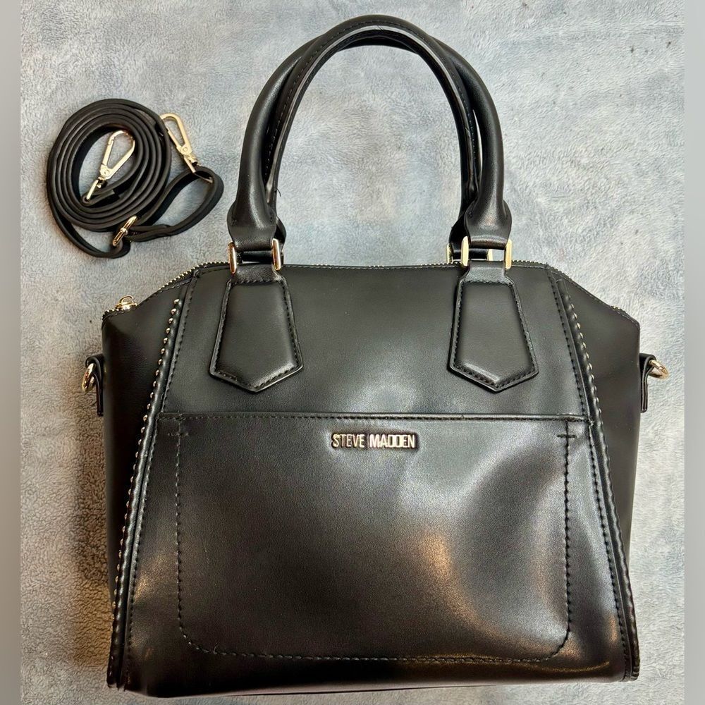 004-Steve Madden gold studded black vegan leather satchel W/ Crossbody Strap